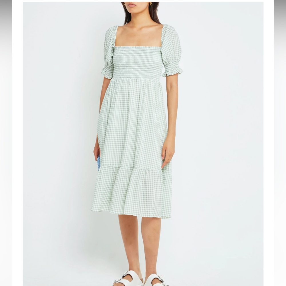 Green Gingham Puff Sleeve Dress with Smocking
